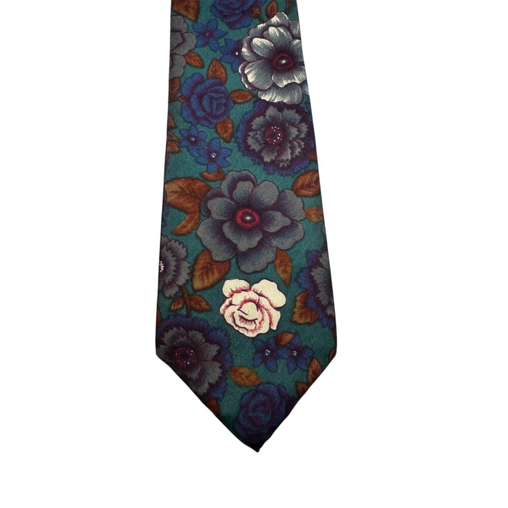 Don Loper Beverly Hills Floral Silk Tie Made In USA Teal & Purple 100% Silk